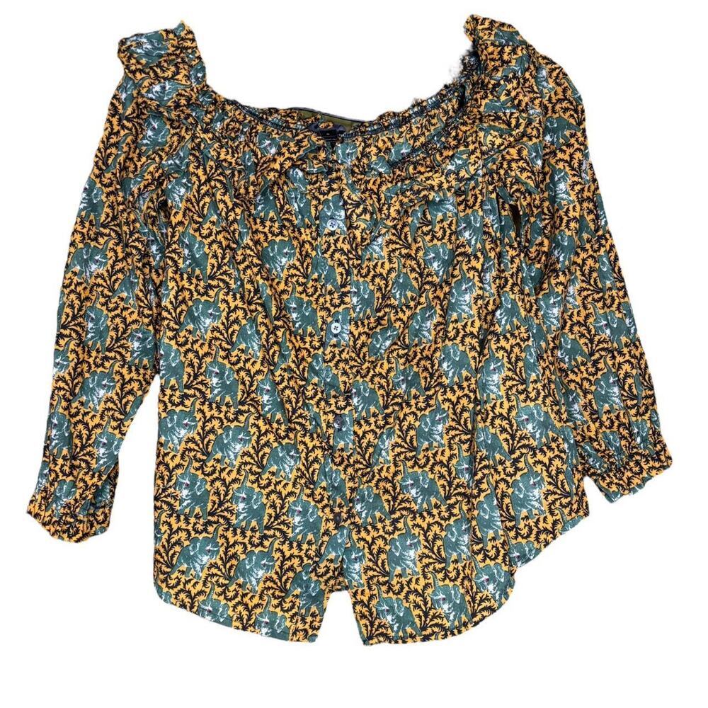J Crew Elephant Ruffle Off the Shoulder Button Up Ruffled Top